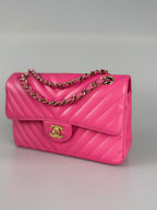Chanel Small Pink Classic Double Flap Bag in Chevron Lambskin Leather with Gold Hardware