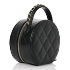 Caviar Quilted Round Top Handle Jewelry Case With Chain Black