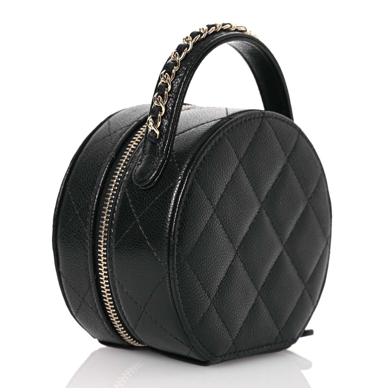Caviar Quilted Round Top Handle Jewelry Case With Chain Black