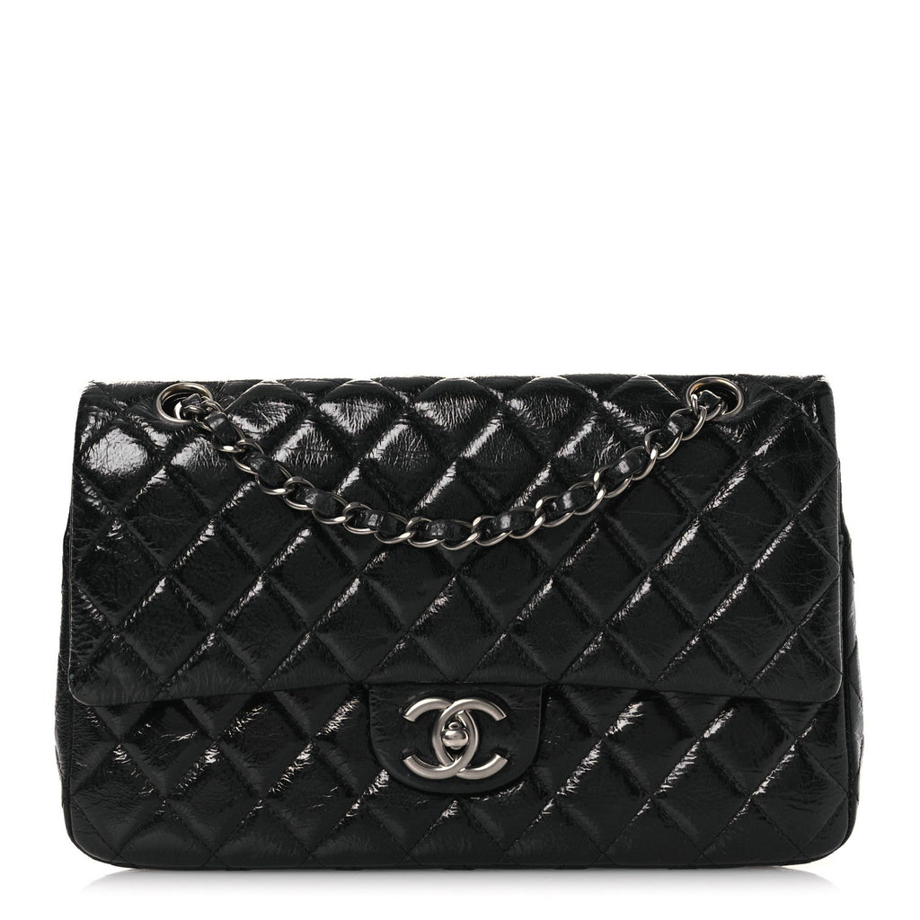 Distressed Patent Quilted Medium Double Flap Black