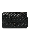 Distressed Patent Quilted Medium Double Flap Black
