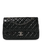 Distressed Patent Quilted Medium Double Flap Black