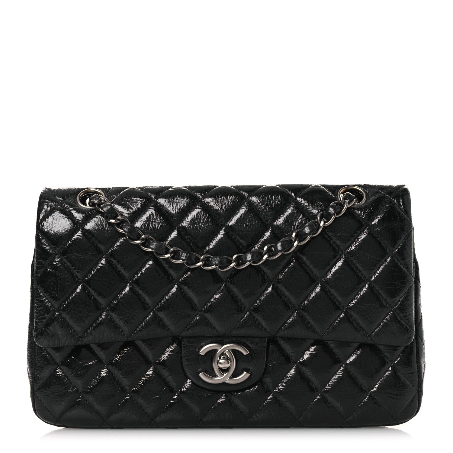 Distressed Patent Quilted Medium Double Flap Black