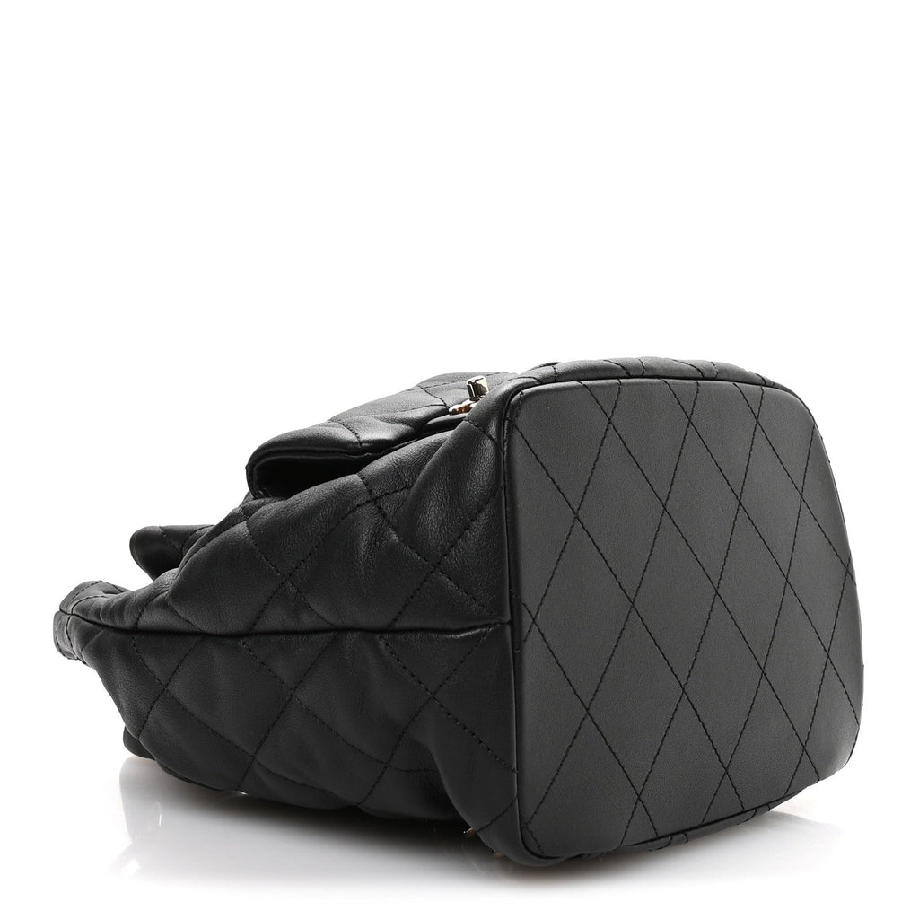 Lambskin Quilted Double Pocket Drawstring Backpack Black
