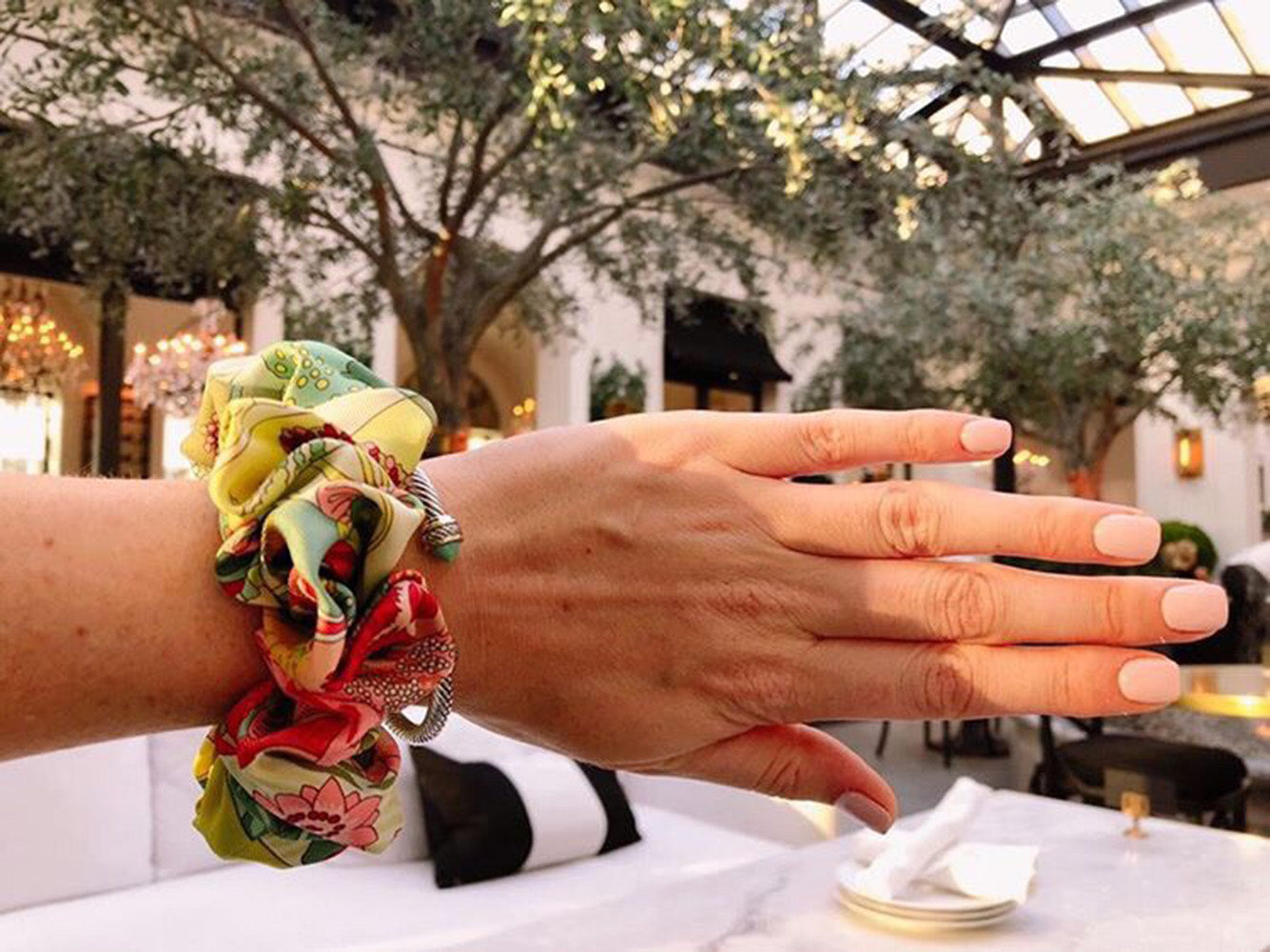 Hermes Handmade Legende Du Poisson Corail Silk Scarf Scrunchie