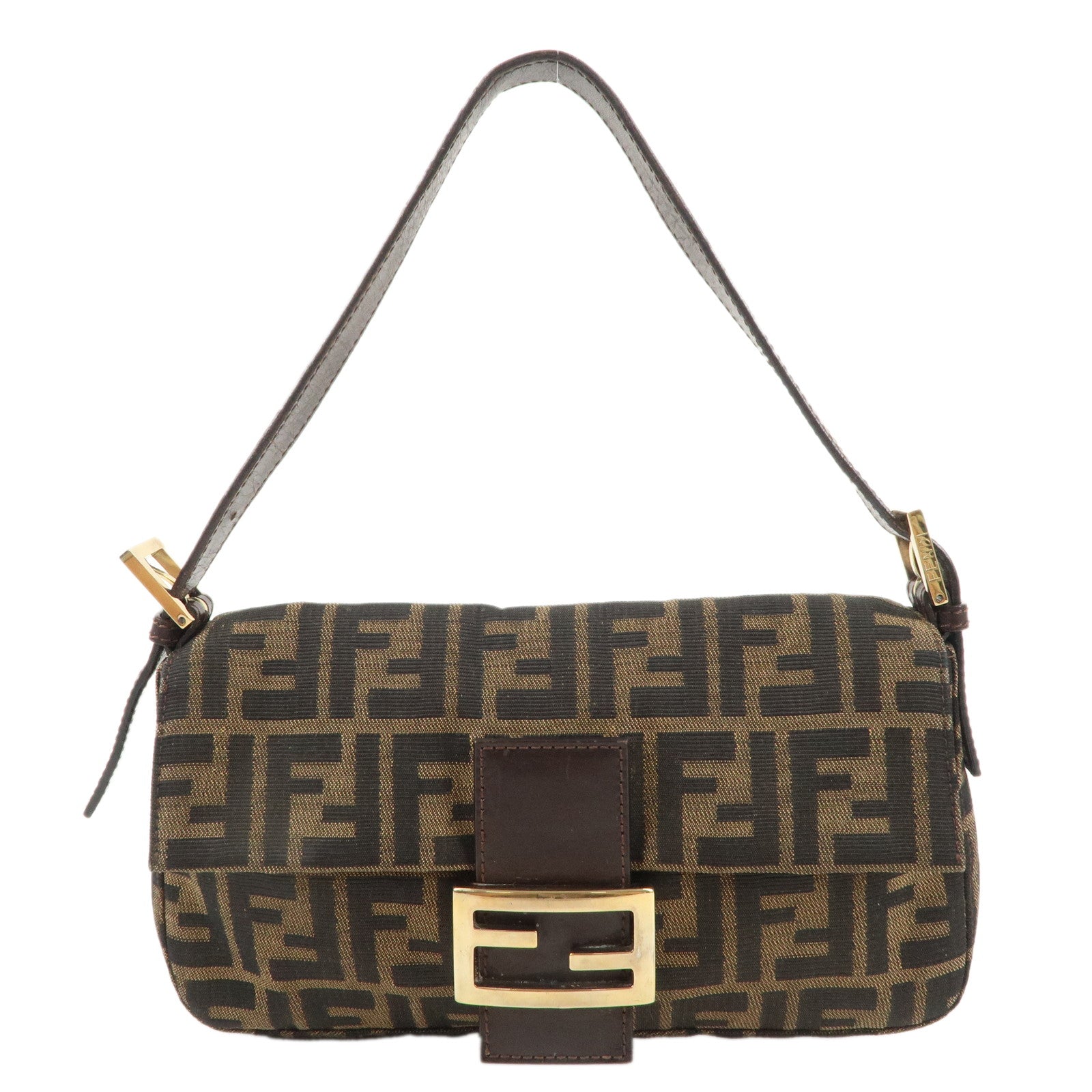 FENDI Mamma Baguette Canvas Leather Shoulder Bag Brown 26424