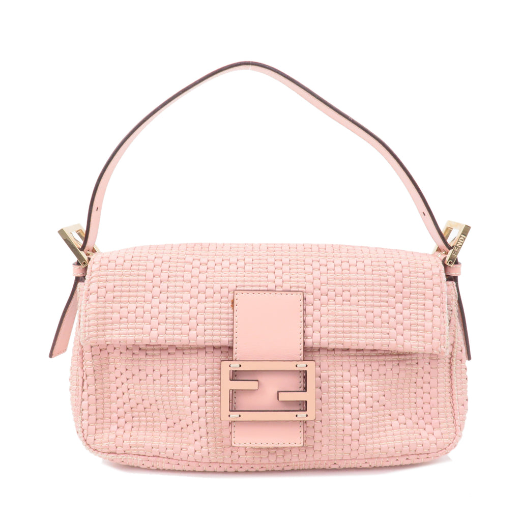 FENDI Mamma Baguette Leather Braided Shoulder Bag Pink 8BR600