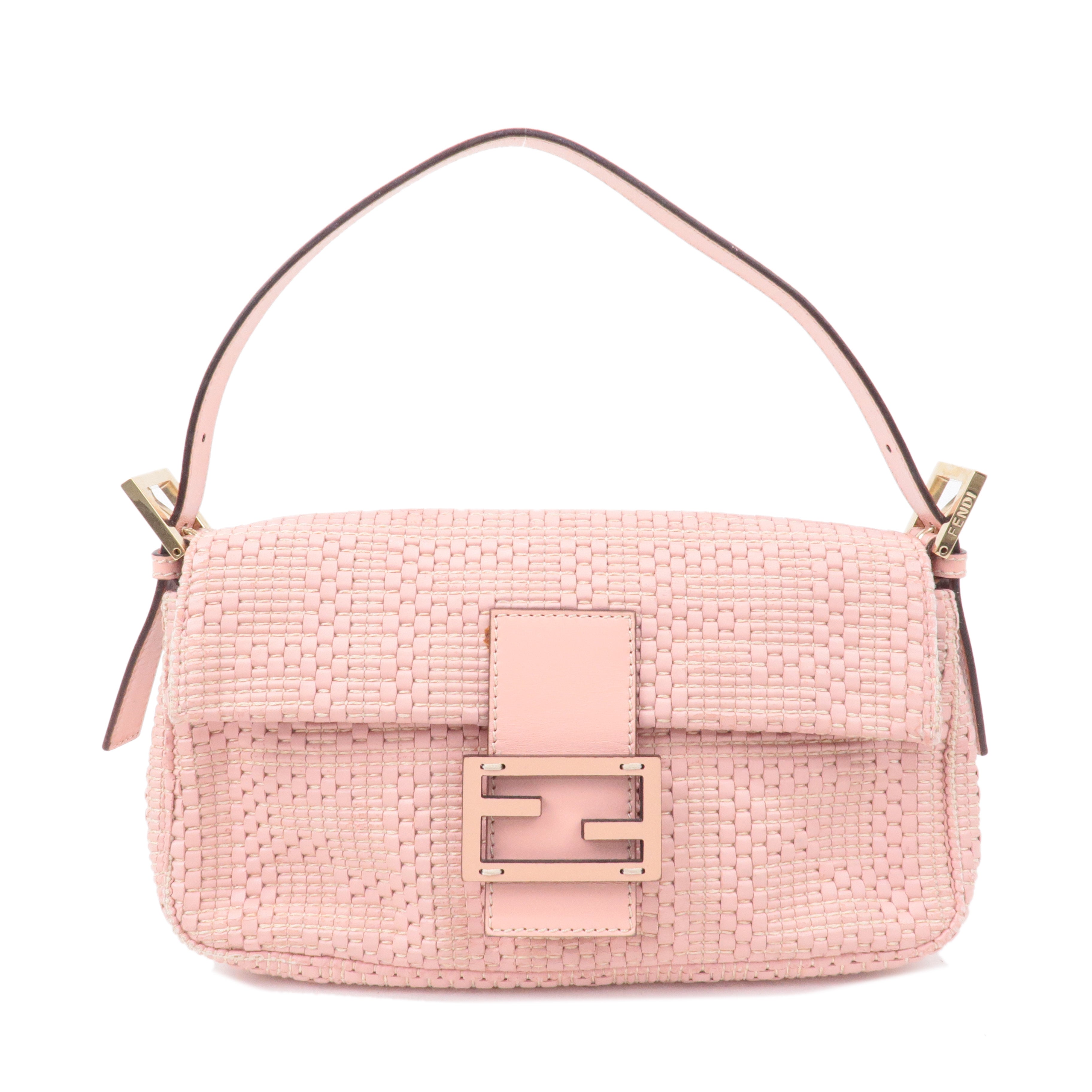 FENDI Mamma Baguette Leather Braided Shoulder Bag Pink 8BR600