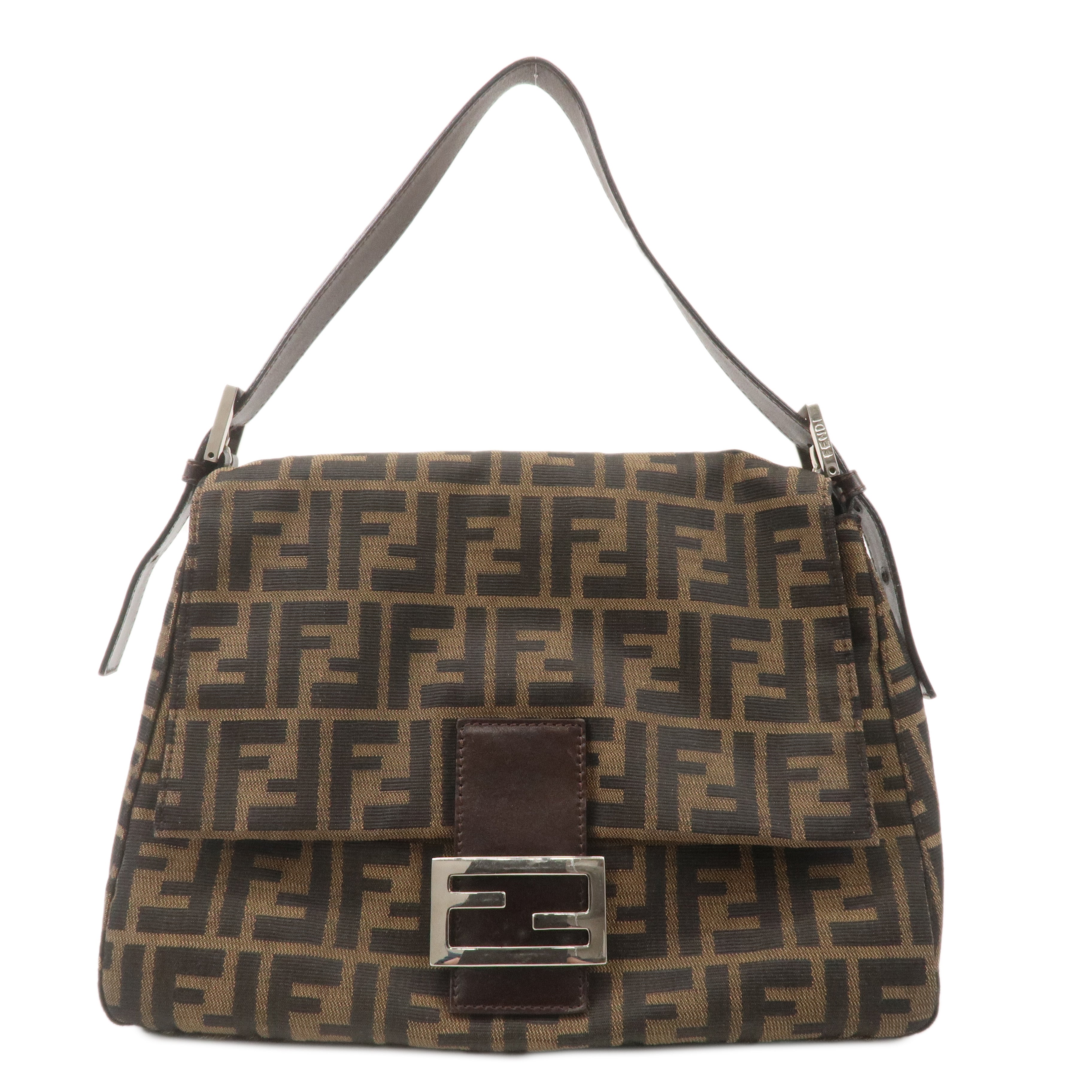 FENDI Mamma Baguette Zucca Canvas Leather Bag Brown Black 26325