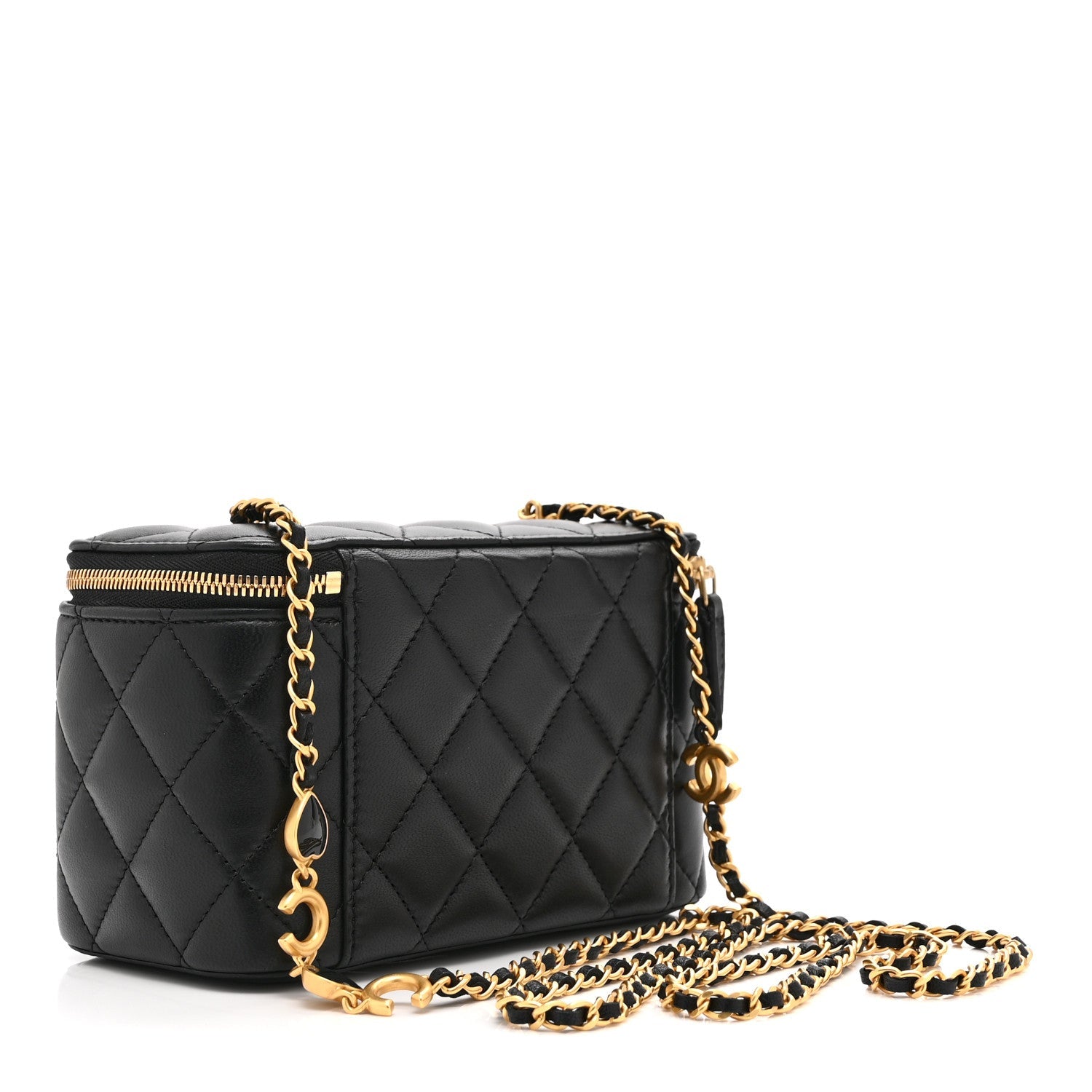 Lambskin Enamel Quilted Small Coco Hearts Vanity Case With Chain Black