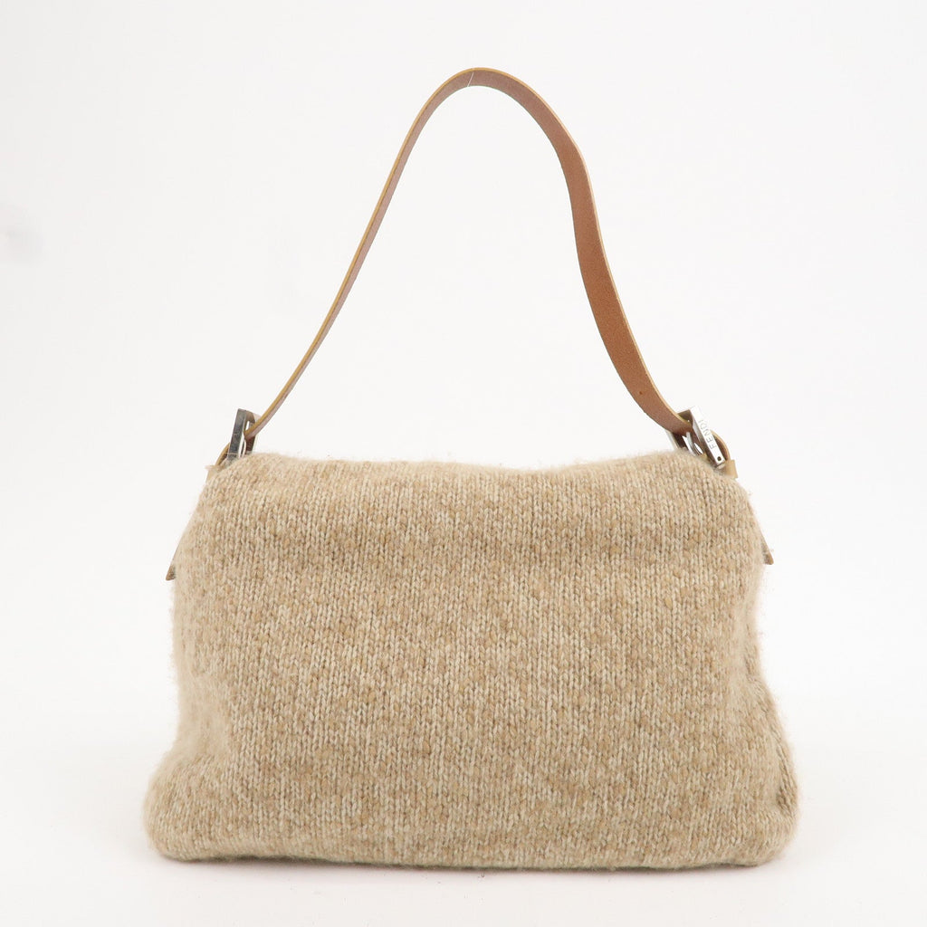 FENDI Mamma Baguette Wool Knit Leather Shoulder Bag Beige 26325