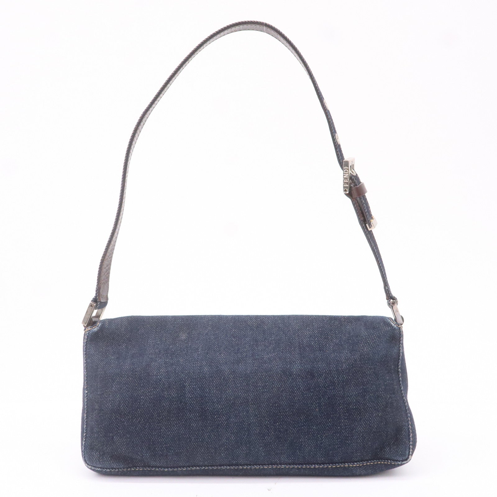 FENDI Denim Leather Shoulder Bag Hand Bag Navy Brown 26640