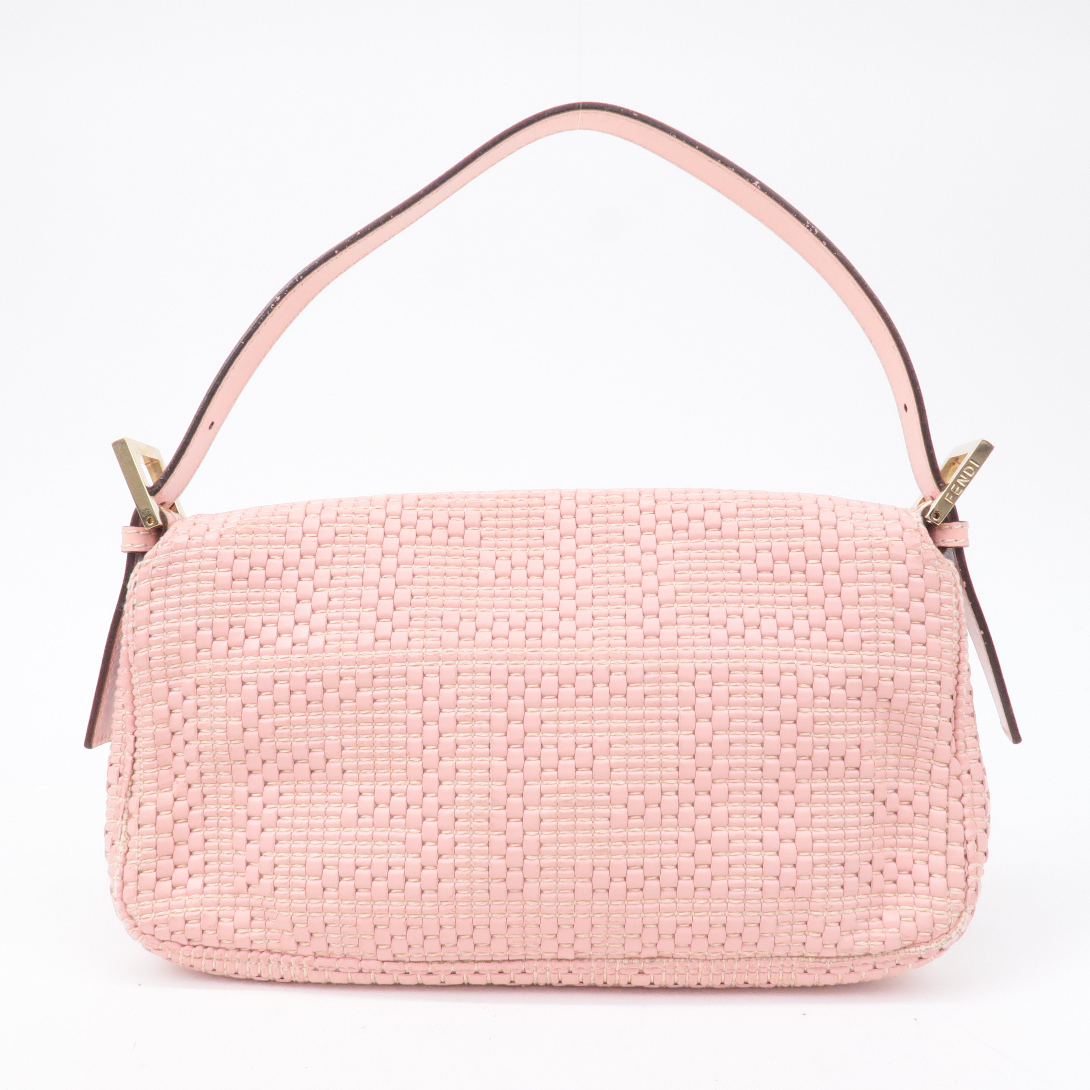 FENDI Mamma Baguette Leather Braided Shoulder Bag Pink 8BR600