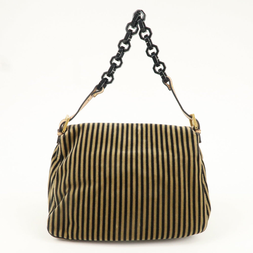 FENDI Mamma Baguette Velour Leather Stripe Shoulder Bag 8BR001