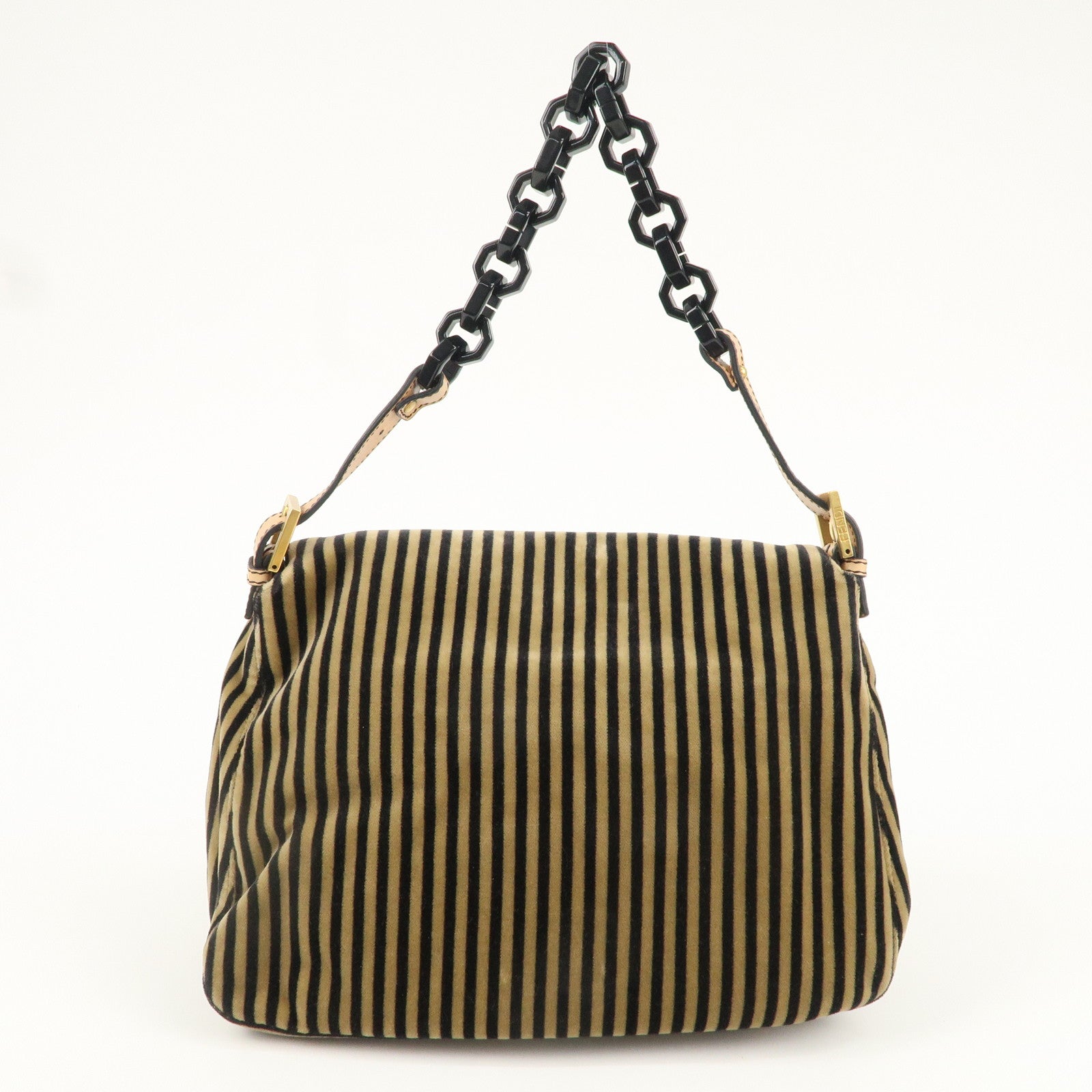 FENDI Mamma Baguette Velour Leather Stripe Shoulder Bag 8BR001
