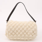 FENDI Mamma Baguette Knit Leather Shoulder Bag White Black 16059
