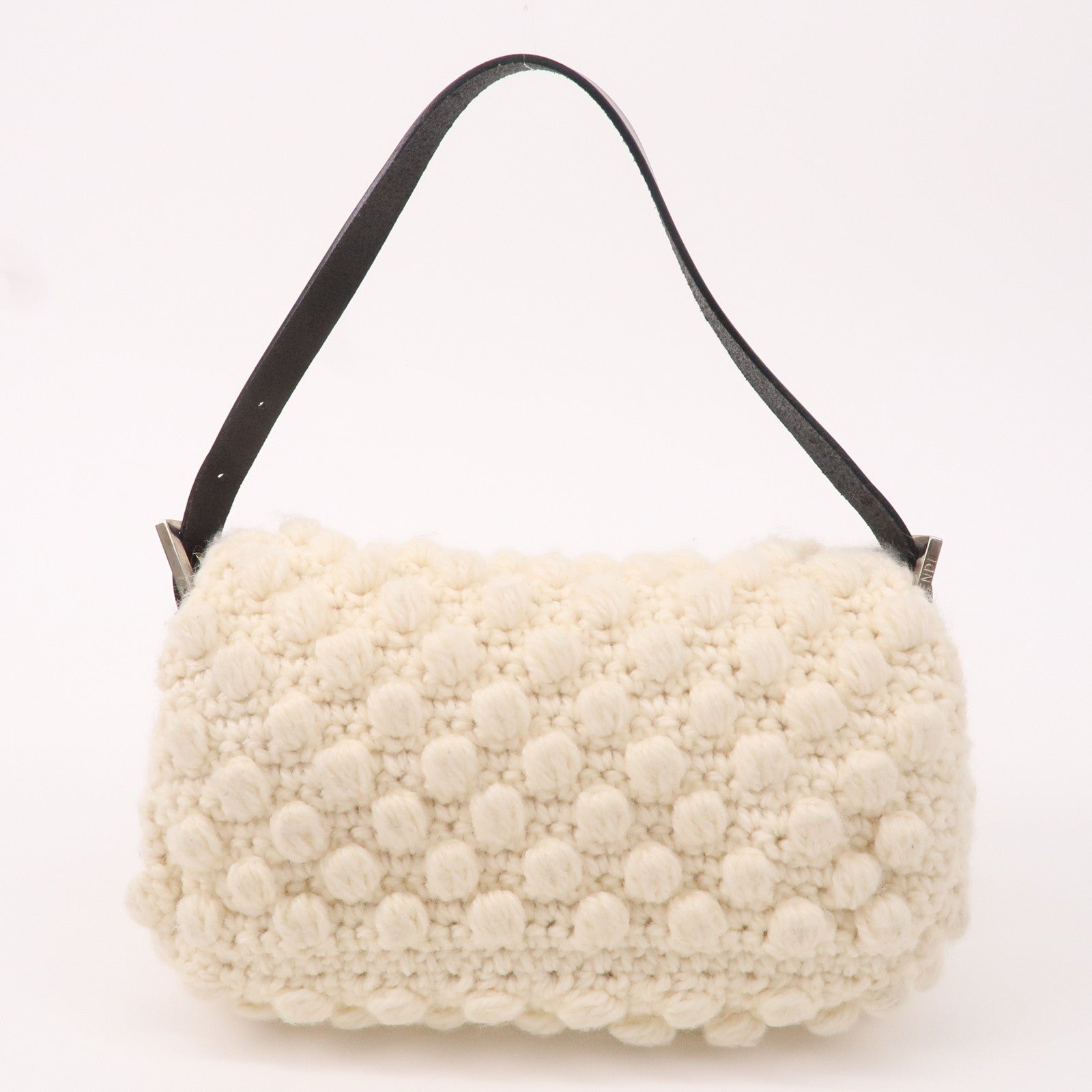 FENDI Mamma Baguette Knit Leather Shoulder Bag White Black 16059