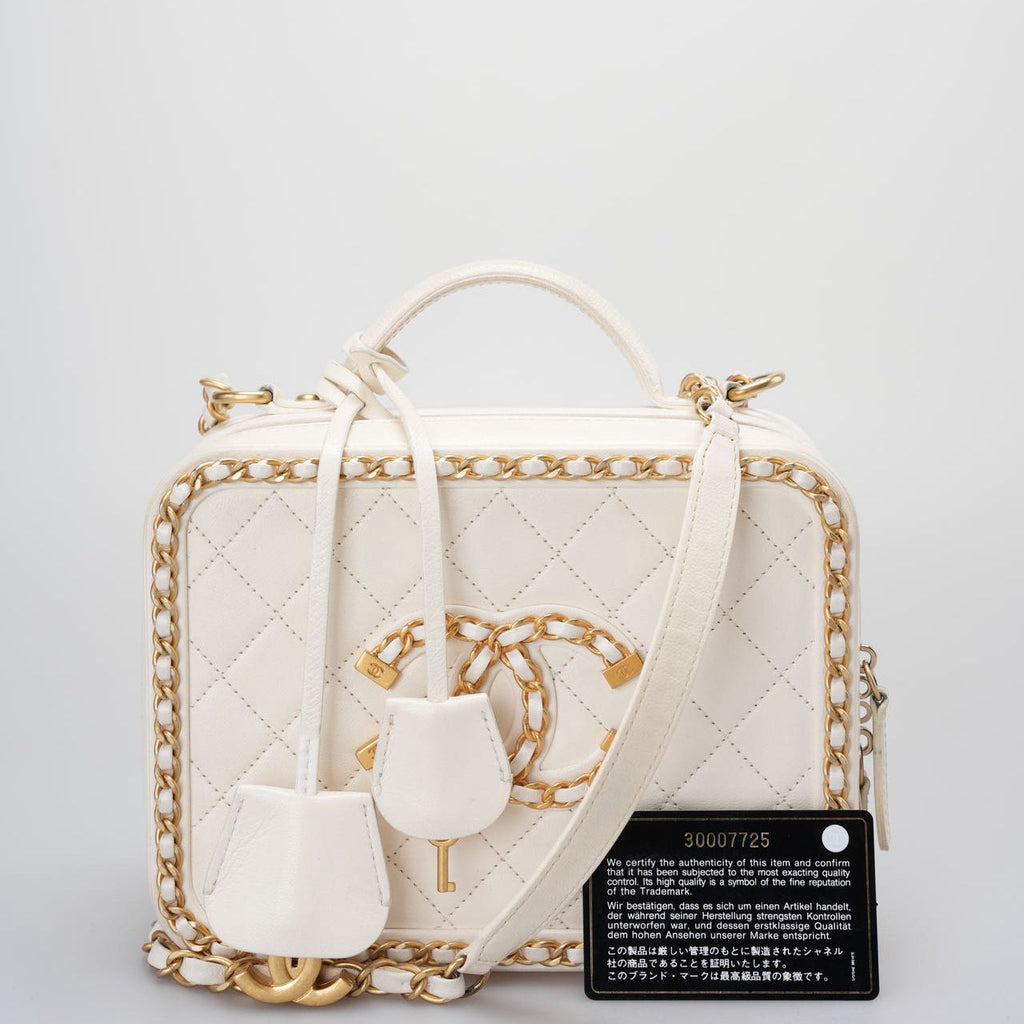 Chanel White Vanity Case Bag In Quilted Leather CC Filigree Chain Around