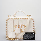 Chanel White Vanity Case Bag In Quilted Leather CC Filigree Chain Around
