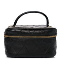 Lambskin Diamond Stitched Top Handle Vanity Case Black