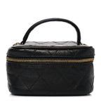 Lambskin Diamond Stitched Top Handle Vanity Case Black