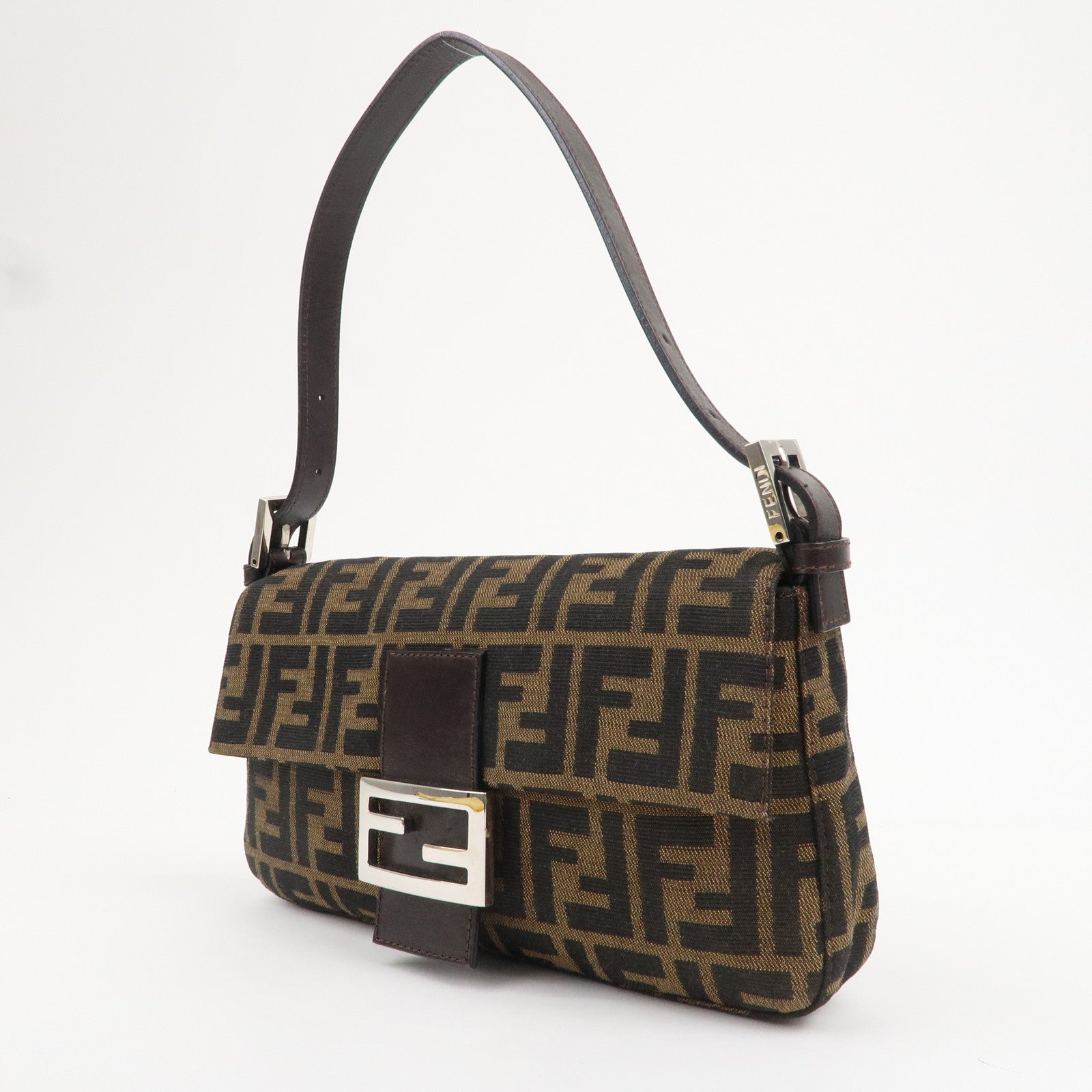 FENDI Mamma Baguette Canvas Leather Shoulder Bag Brown Black 26424