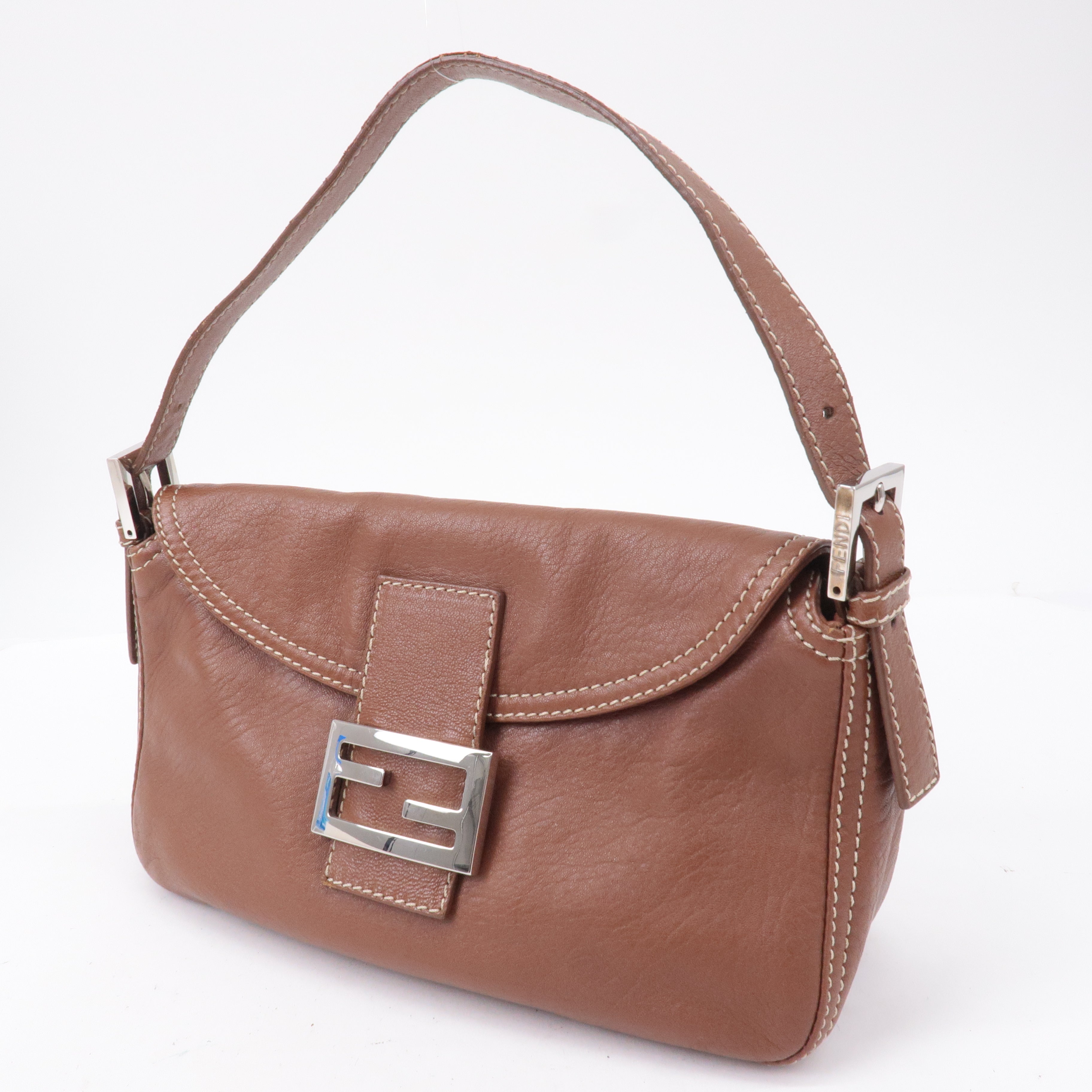 FENDI Mamma Baguette Leather Bag Brown Sliver 8BR003