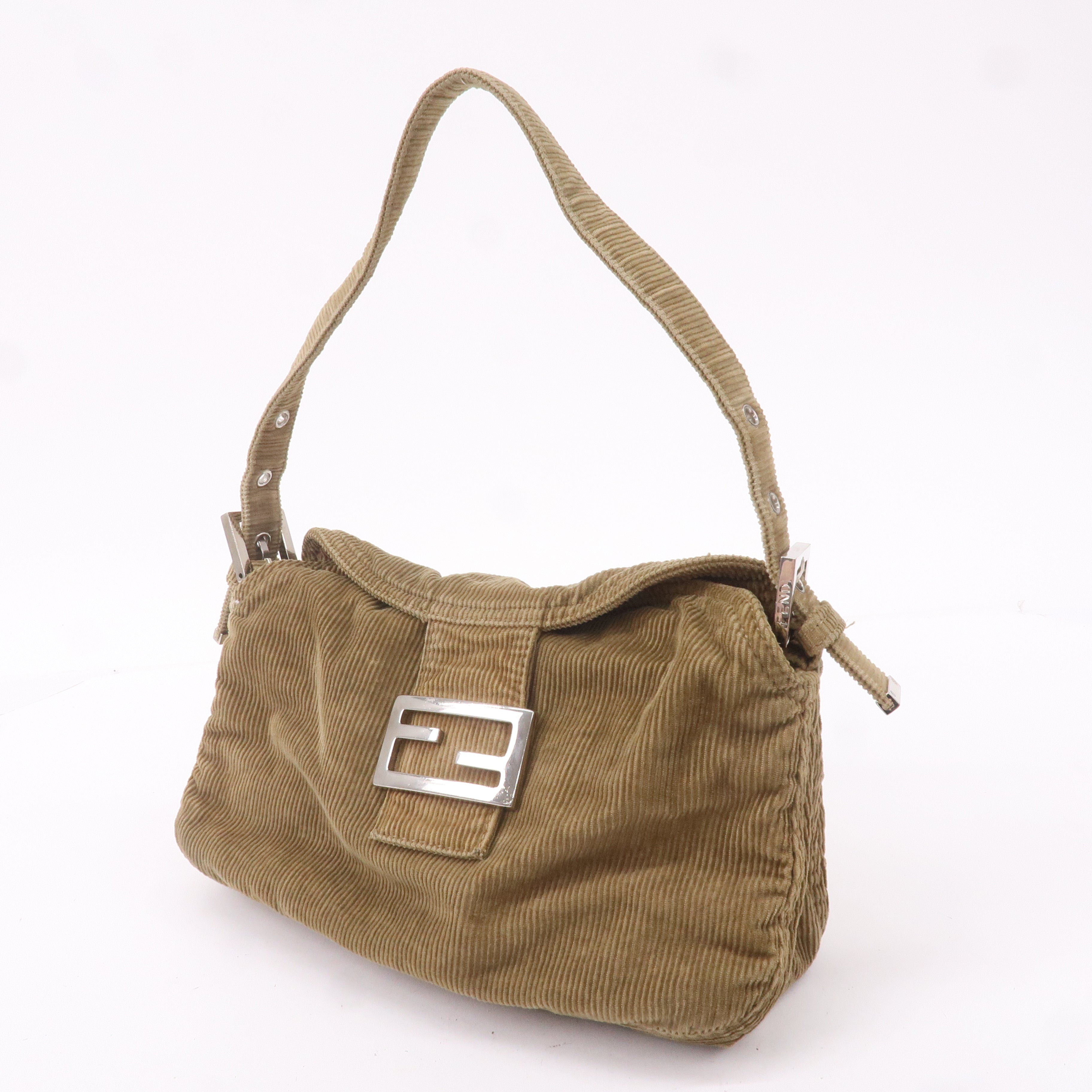 FENDI Mamma Baguette Corduroy Shoulder Bag Khaki Brown 26725