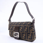 FENDI Mamma Baguette Zucca Canvas Leather Shoulder Bag Brown 26424