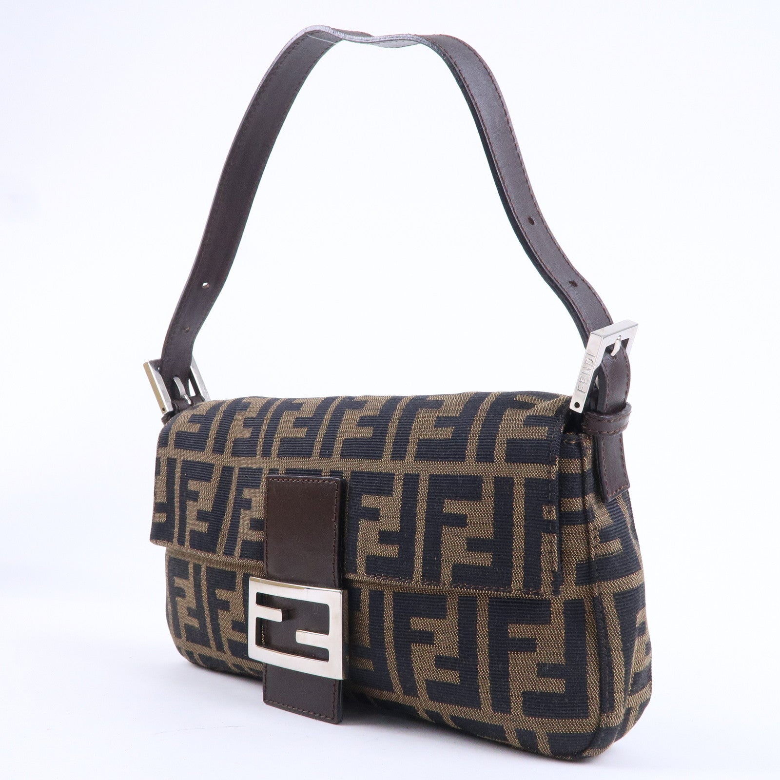 FENDI Mamma Baguette Zucca Canvas Leather Shoulder Bag Brown 26424