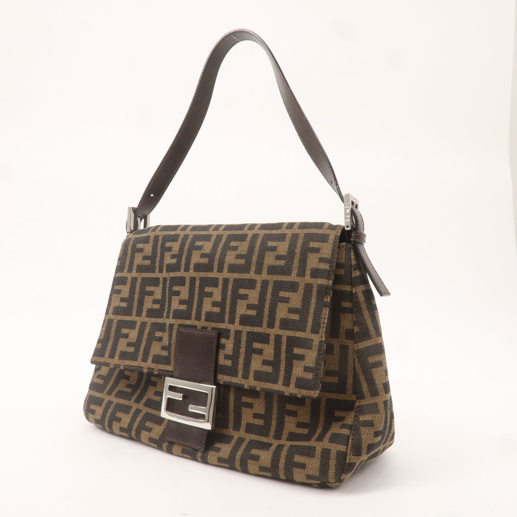 FENDI Mamma Baguette Zucca Canvas Leather Bag Brown Black 26325