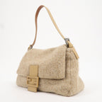 FENDI Mamma Baguette Wool Knit Leather Shoulder Bag Beige 26325
