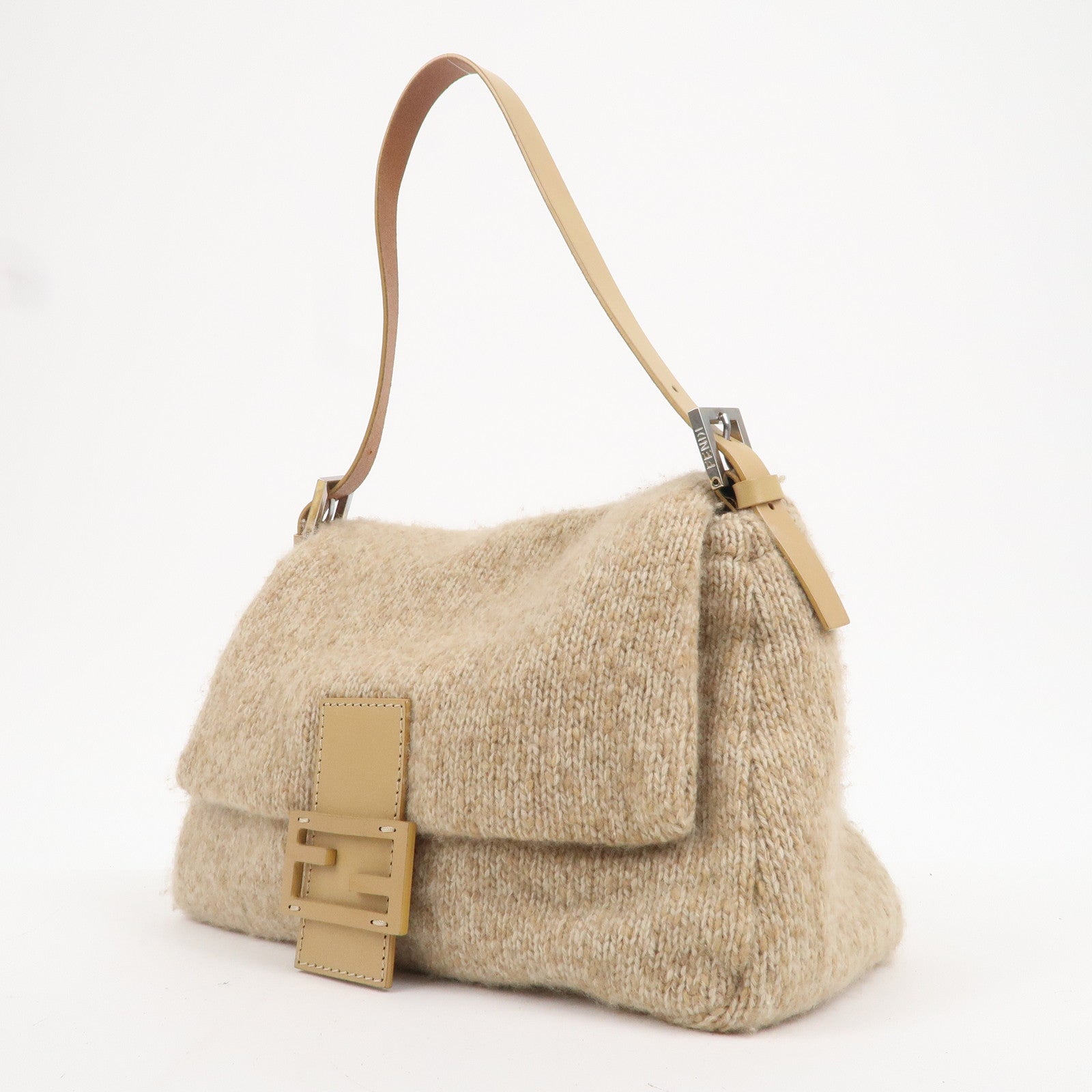 FENDI Mamma Baguette Wool Knit Leather Shoulder Bag Beige 26325