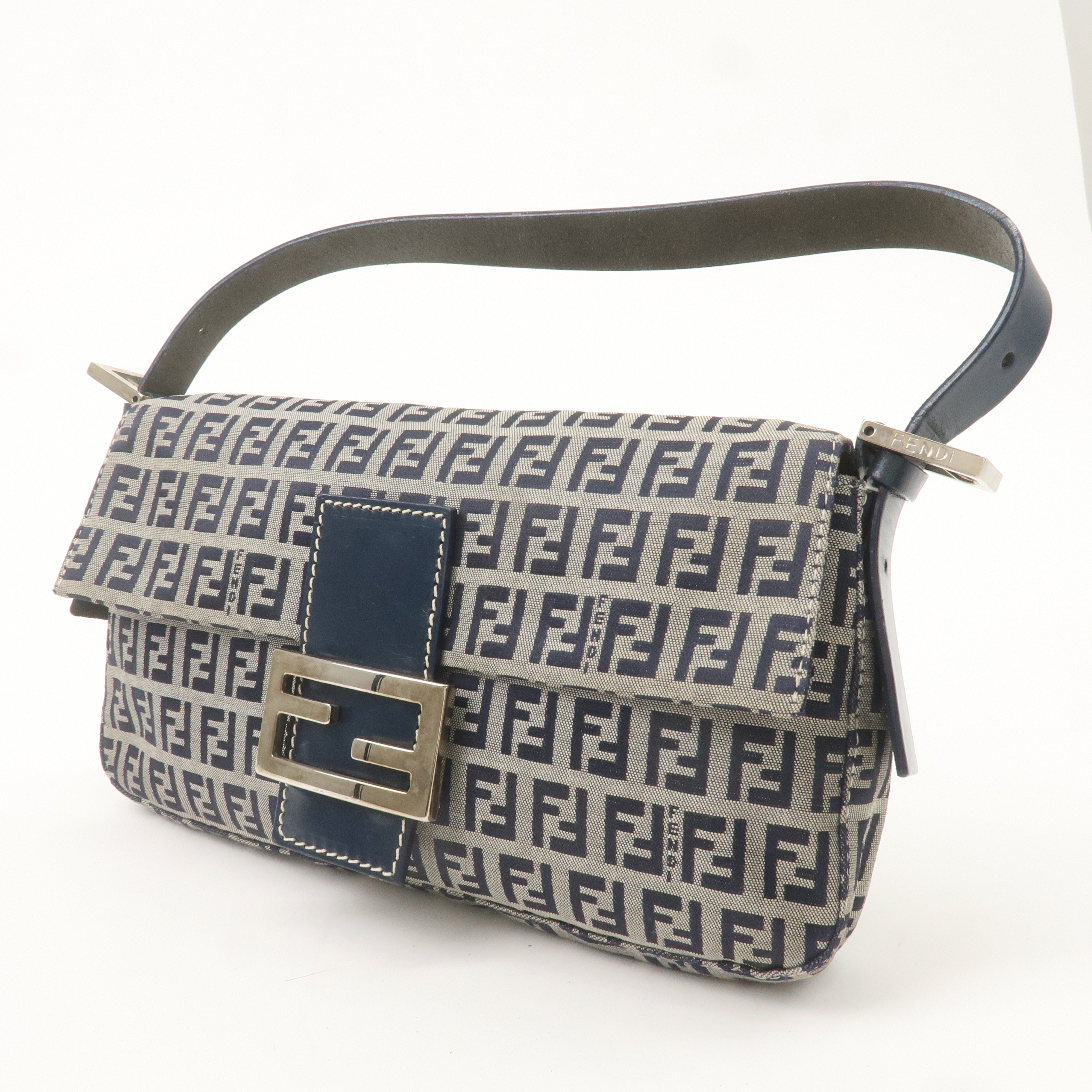 FENDI Mamma Baguette Canvas Shoulder Bag Brown Navy 26424