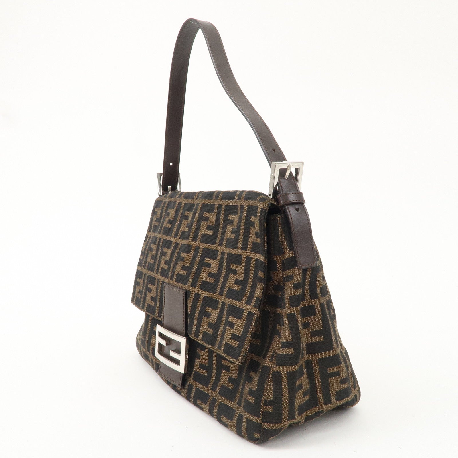 FENDI Mamma Baguette Zucca Canvas Leather Bag Brown Black 26325