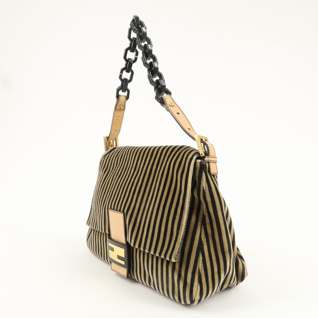FENDI Mamma Baguette Velour Leather Stripe Shoulder Bag 8BR001