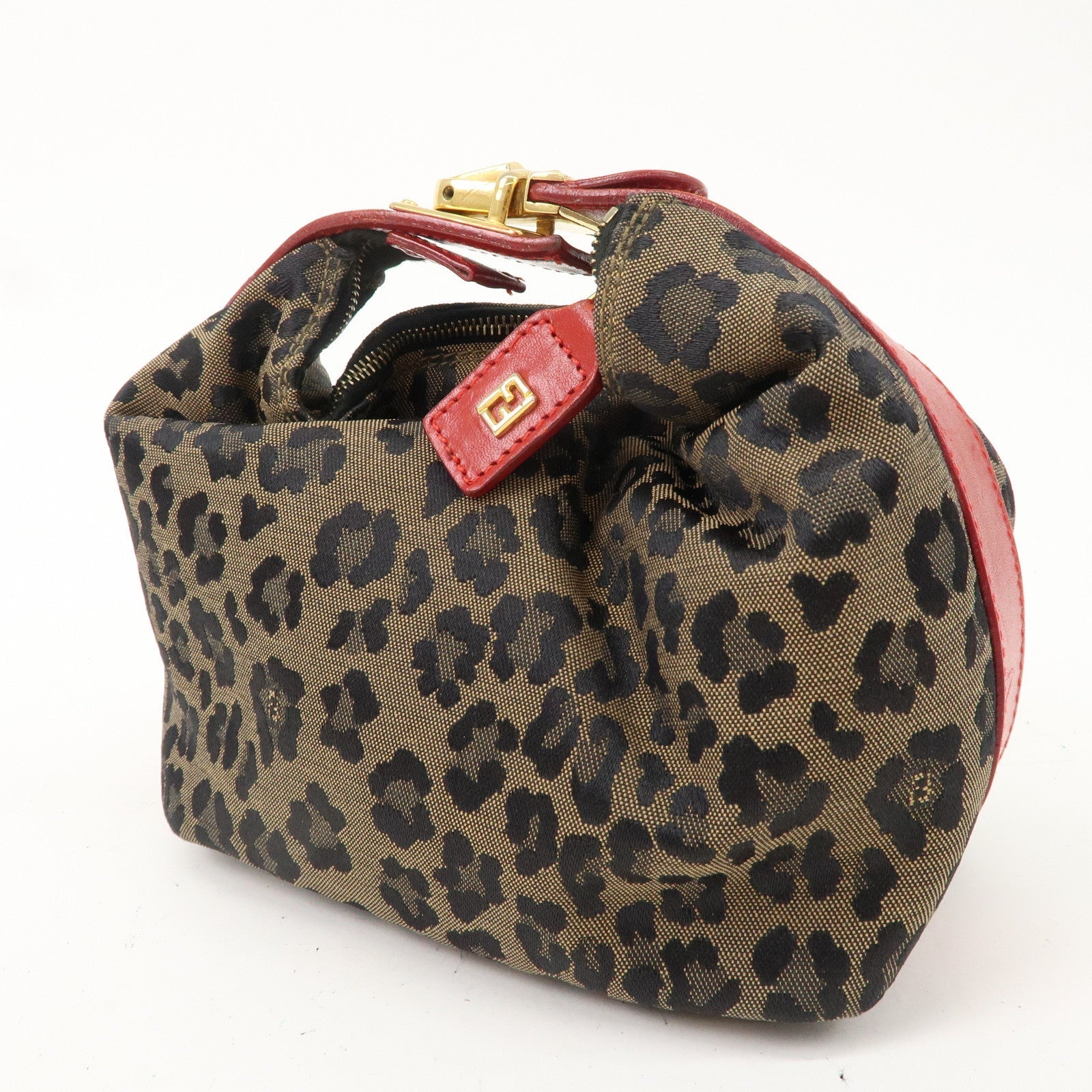 FENDI Leopard Canvas Leather Vanity Bag Cosmetic Pouch 263600