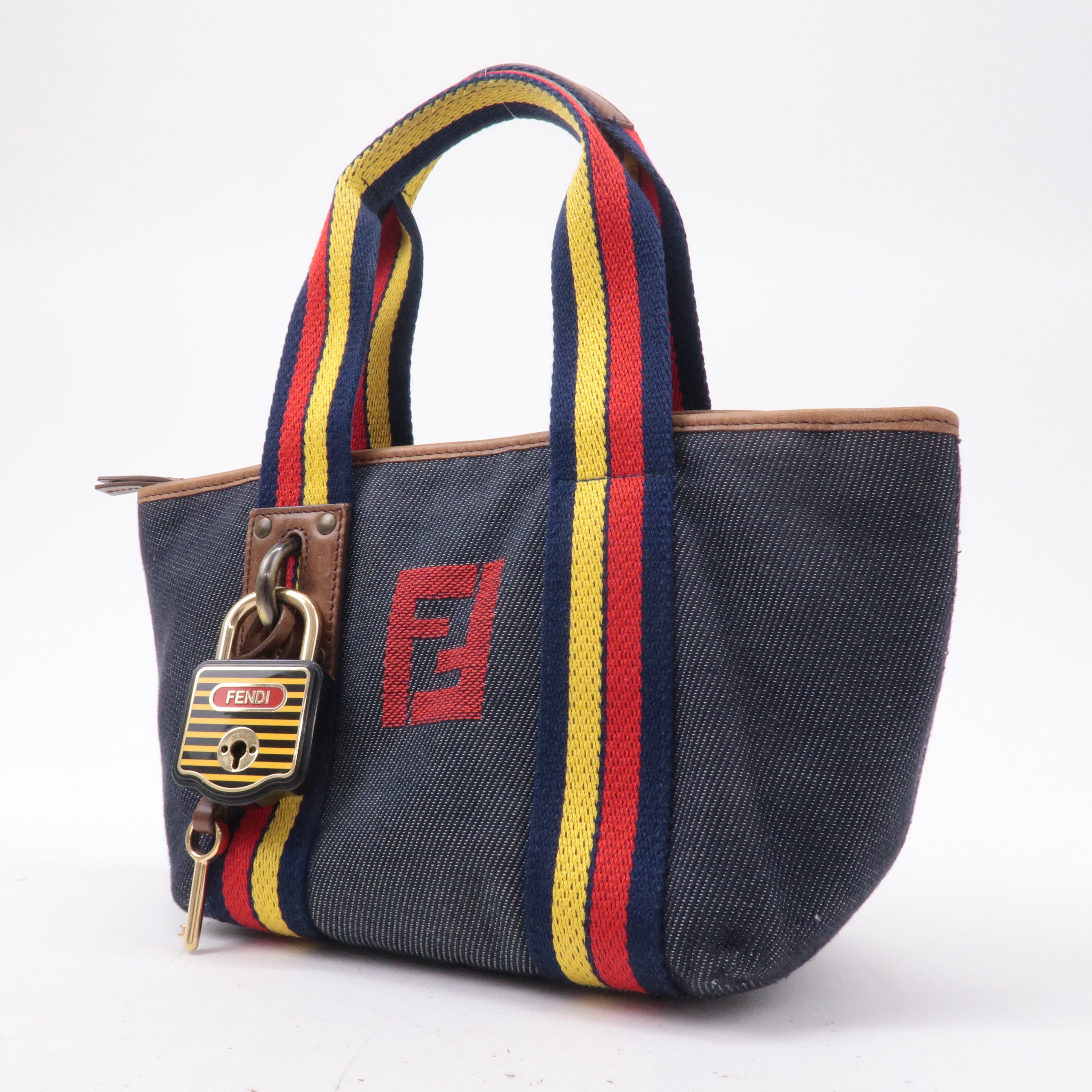 FENDI Denim Leather Hand bag Multi Color Navy 7VA165