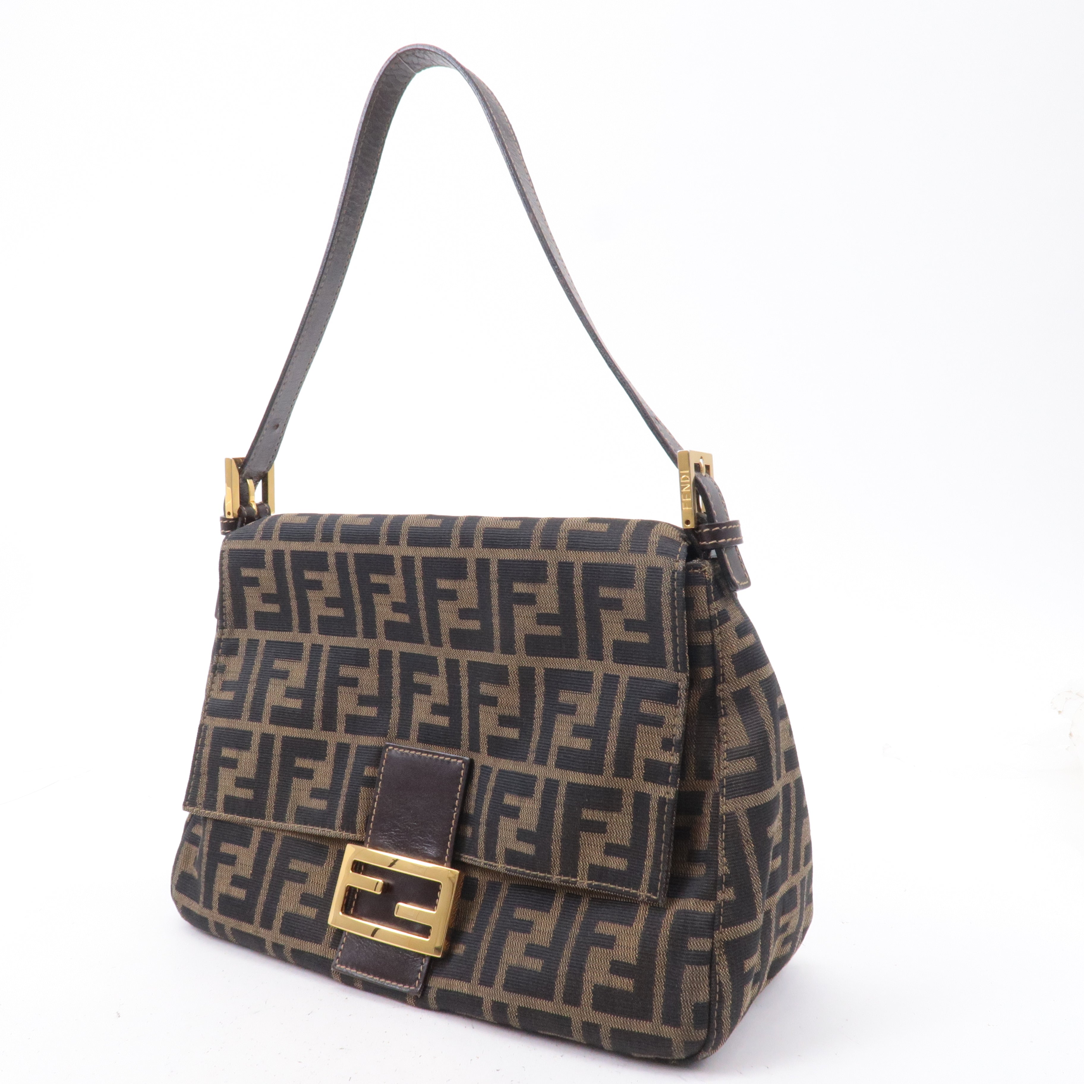 FENDI Mamma Baguette Zucca Canvas Leather Shoulder Bag Brown