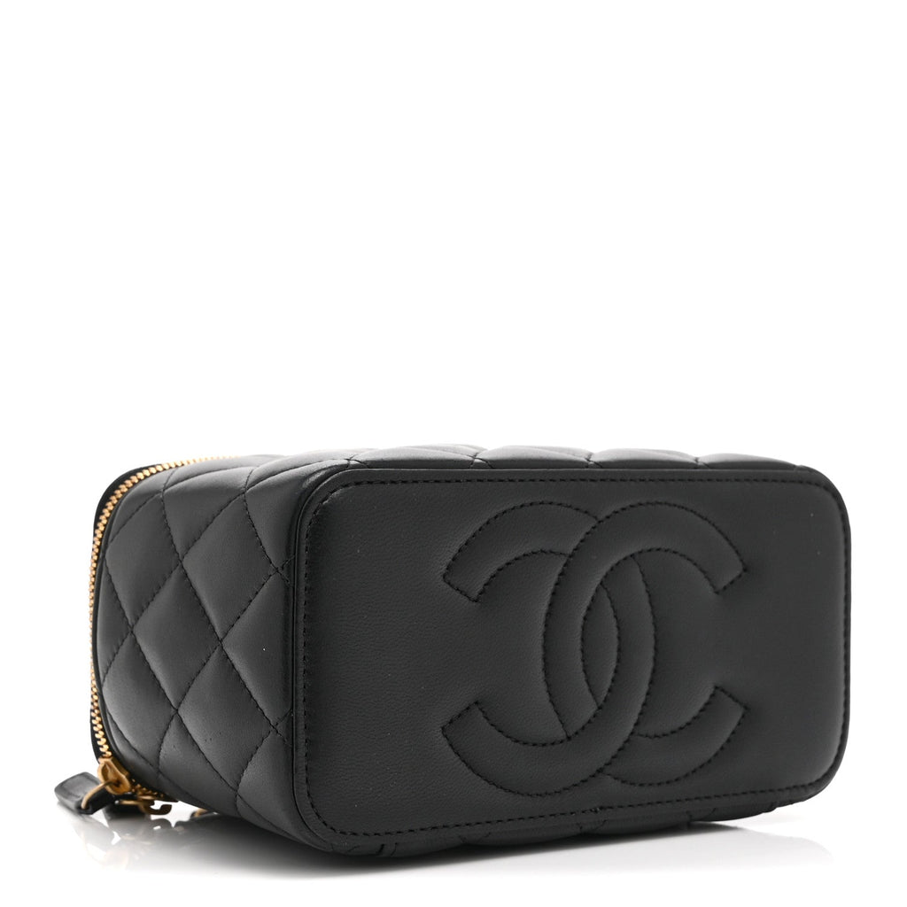 Lambskin Enamel Quilted Small Coco Hearts Vanity Case With Chain Black