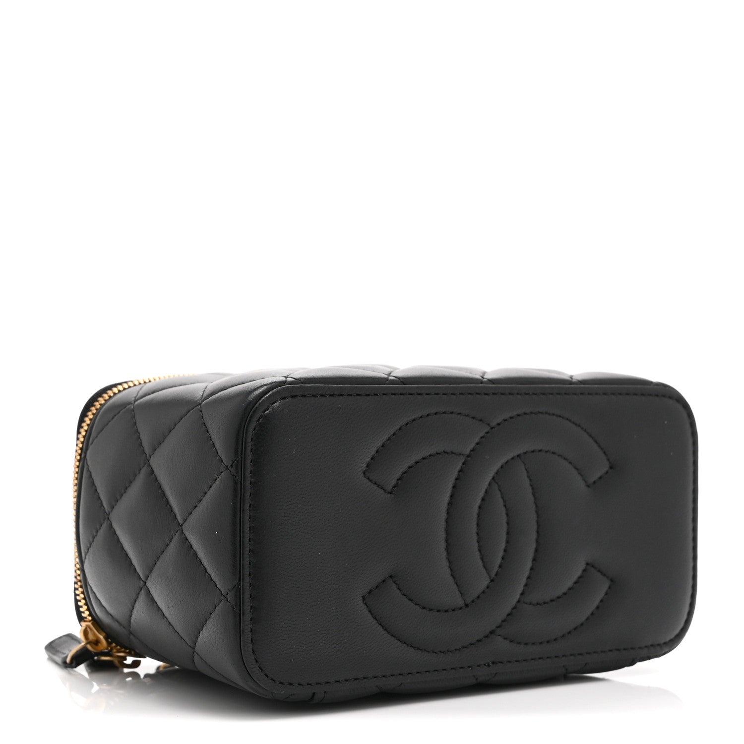 Lambskin Enamel Quilted Small Coco Hearts Vanity Case With Chain Black