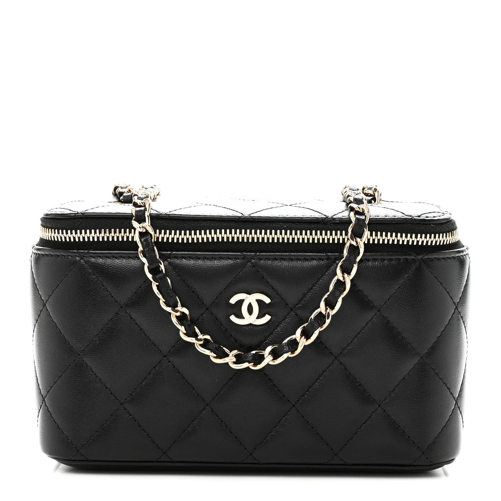 Lambskin Quilted Small Vanity Case With Chain Black