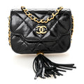 Crumpled Patent Lambskin Quilted Tassel Clutch With Chain Black