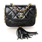 Crumpled Patent Lambskin Quilted Tassel Clutch With Chain Black