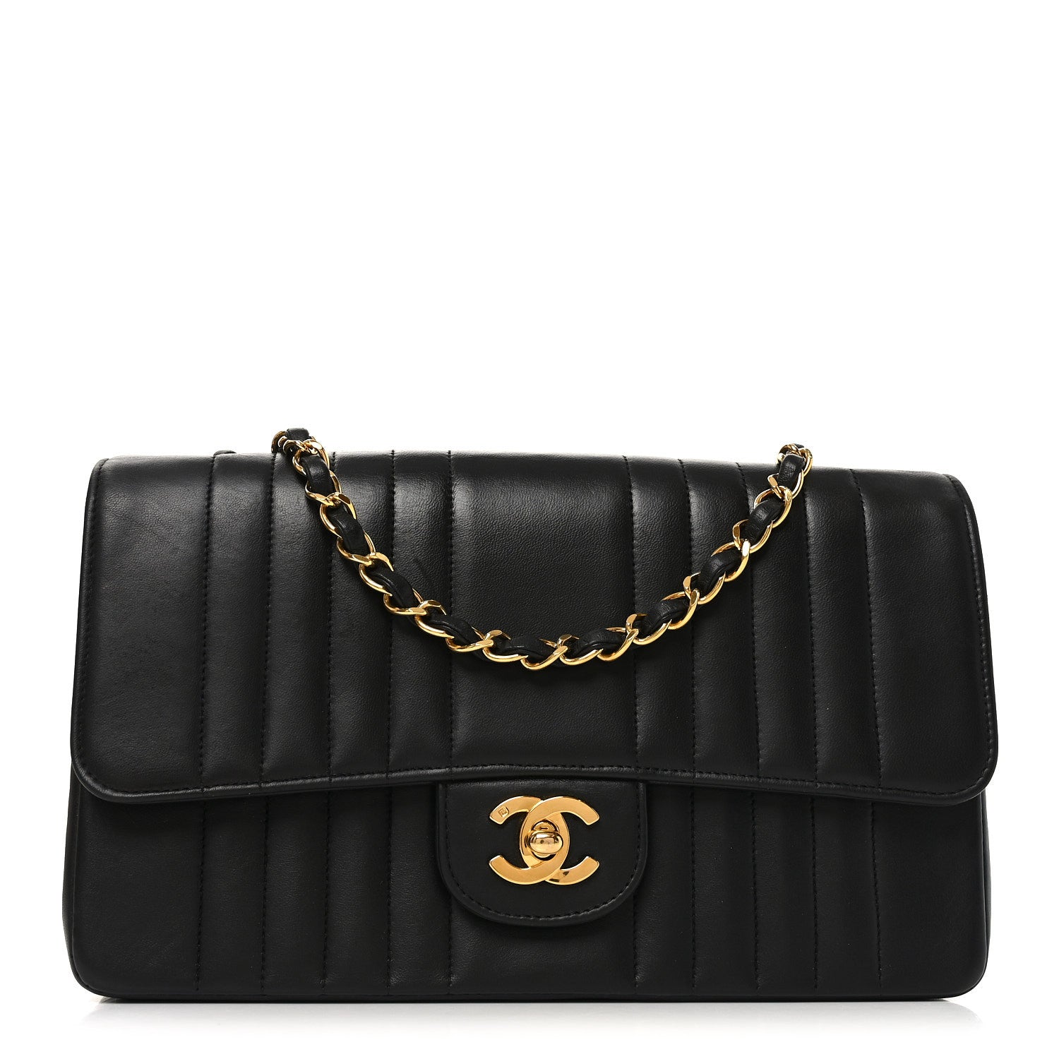 Lambskin Vertical Quilted Medium Single Flap Black