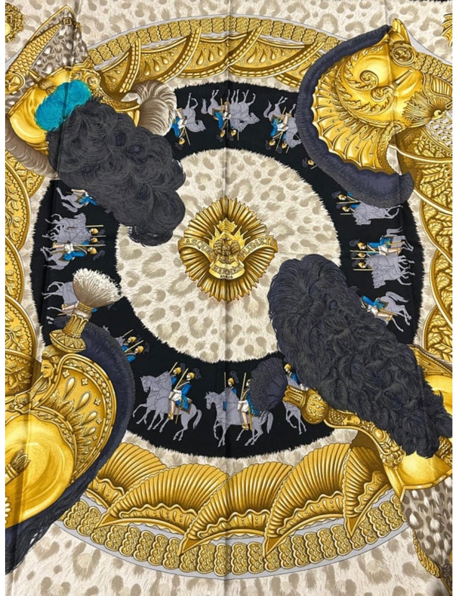 Hermes Casques et Plumets silk scarf In Olive and Black