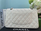 Chanel White Classic Flap Bag in medium Caviar Leather with Silver Hardware