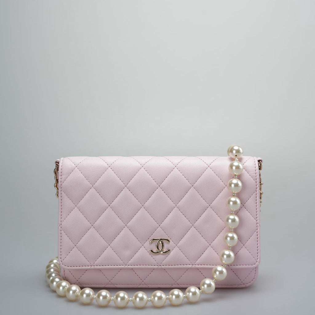 Chanel Baby Pink Wallet on Chain (WOC) in Quilted Lambskin with Pearl Chain – Gold Hardware
