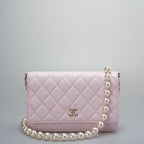 Chanel Baby Pink Wallet on Chain (WOC) in Quilted Lambskin with Pearl Chain – Gold Hardware