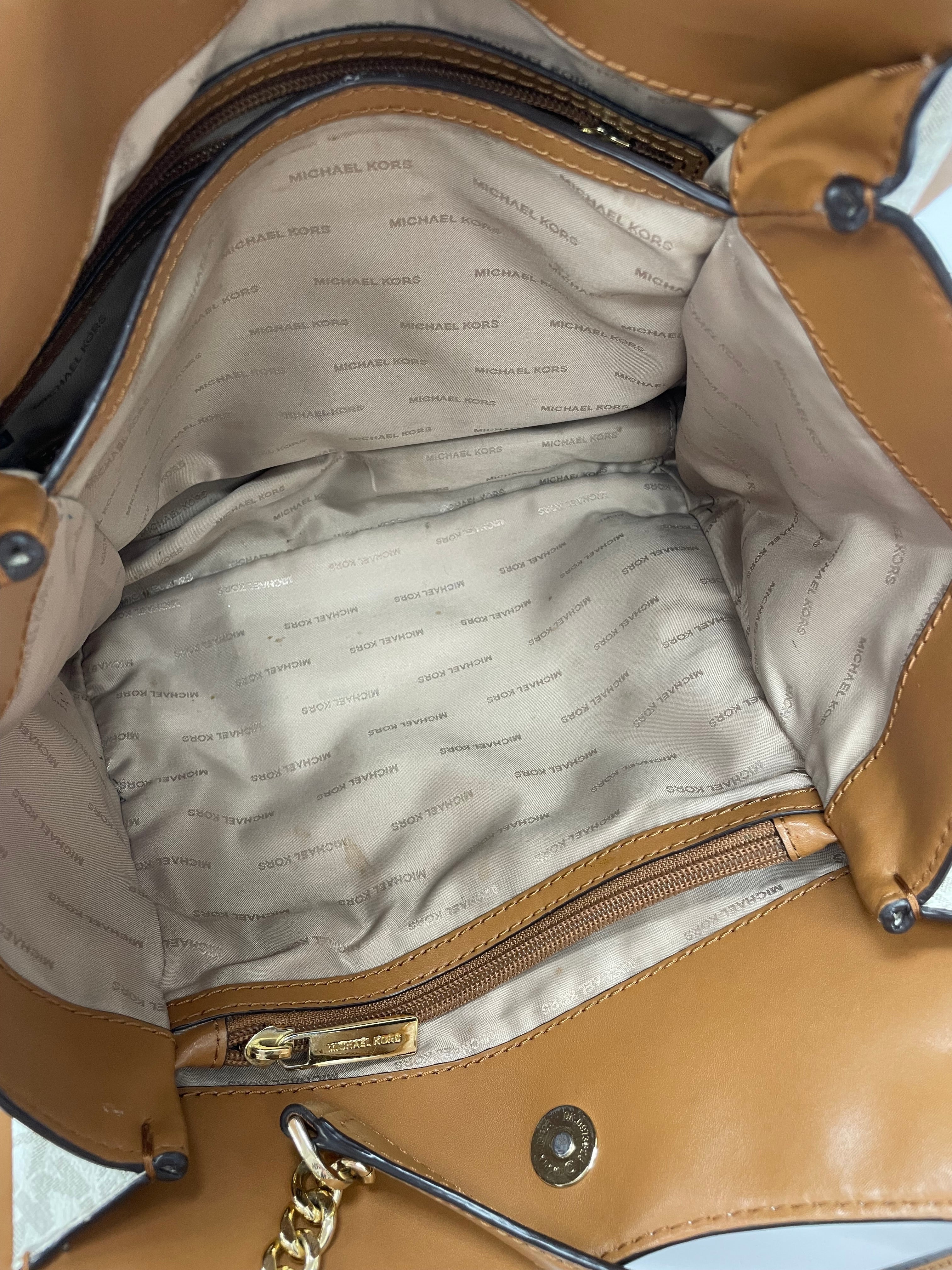 Handbag Designer By Michael Kors In Tan & White, Size:Large